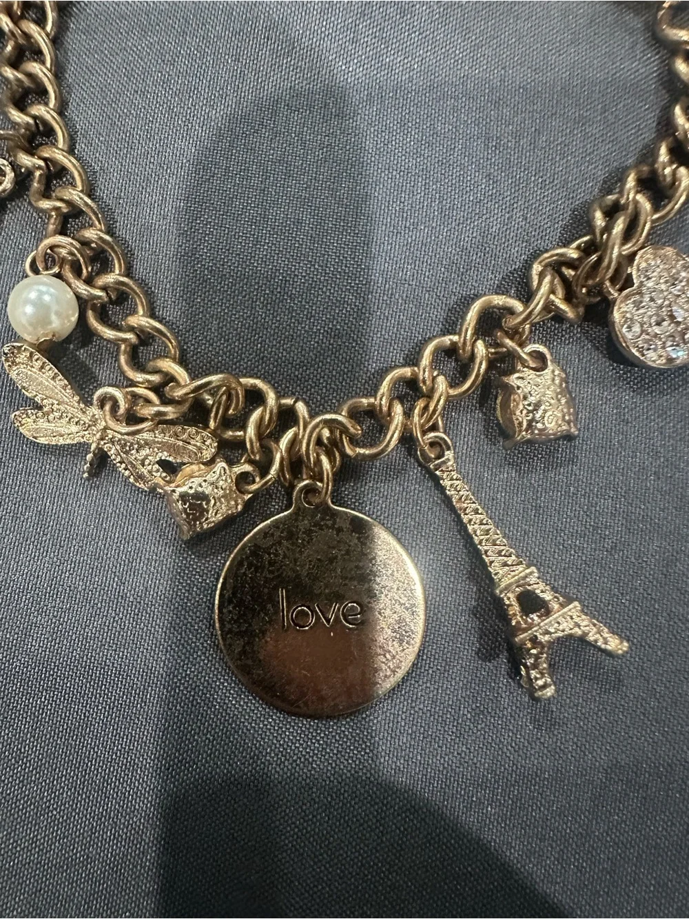 Gold-Tone Charm Bracelet with Hearts, Key & Eiffel Tower